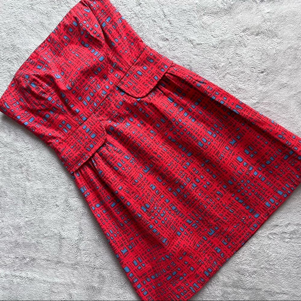Anthropologie Strapless Red Dress with Blue Geometric Print
